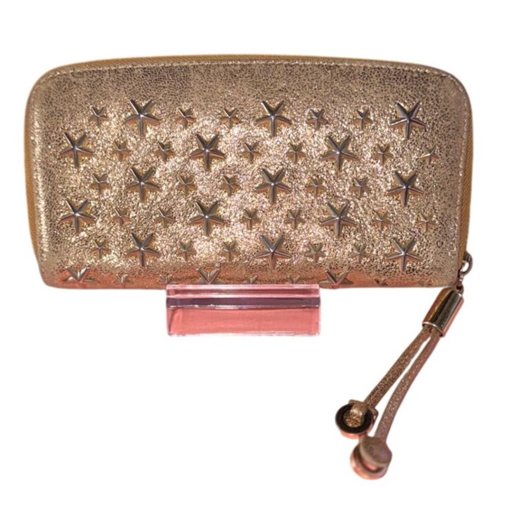 Jimmy Choo Filipa Stars Studded Gold Cracked Metallic Leather Long Zip Wallet